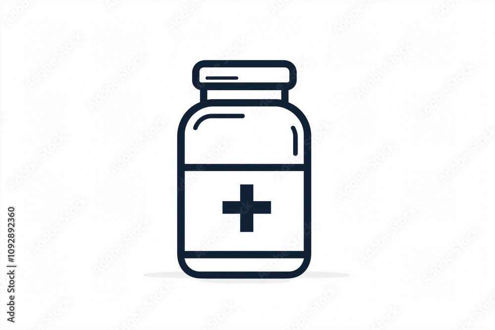 Simple line art icon of a medicine bottle featuring a prominent cross symbolizing healthcare and medical treatments Simple line art icon of a medicine bottle featuring a prominent cross symbolizing healthcare and medical treatments