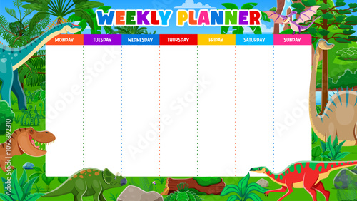 Weekly planner with prehistoric dinosaurs and reptiles of Jurassic era, cartoon vector. Week schedule or notes list or to-do organizer with days for plans and notes with funny Jurassic T-rex dinosaur