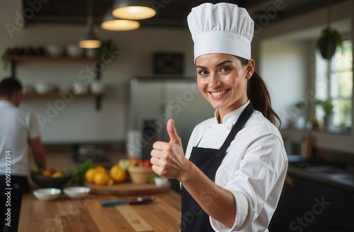 A woman in a chefs hat is giving a thumbs up in a kitchen photo