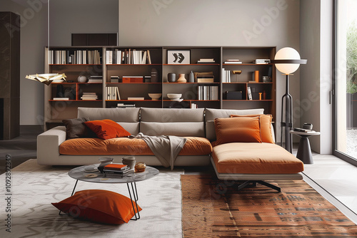 Compact urban living room interior design with multifunctional furniture, wall-mounted shelving, and a stylish fold-out sofa in a small yet cozy space.