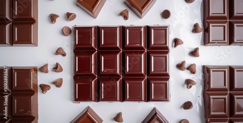 chocolate, dessert, sweet treat, confectionery, food photography This image shows an arrangement of brown chocolate bars and chocolate drops on a light background Ideal for culinary themes photo