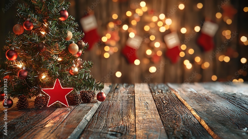 Cozy wooden table with Christmas tree and decorations Cozy wooden table with Christmas tree and decorations