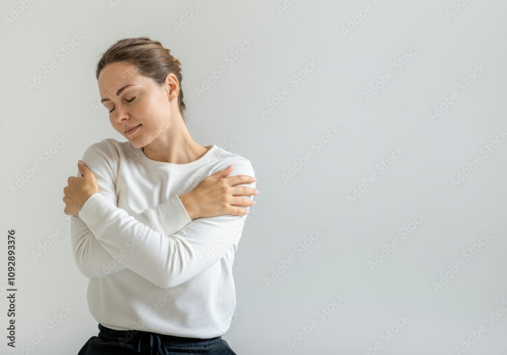 Woman hugging herself with closed eyes and a peaceful expression, conveying self-love, acceptance, and tranquility Woman hugging herself with closed eyes and a peaceful expression, conveying self-love, acceptance, and tranquility