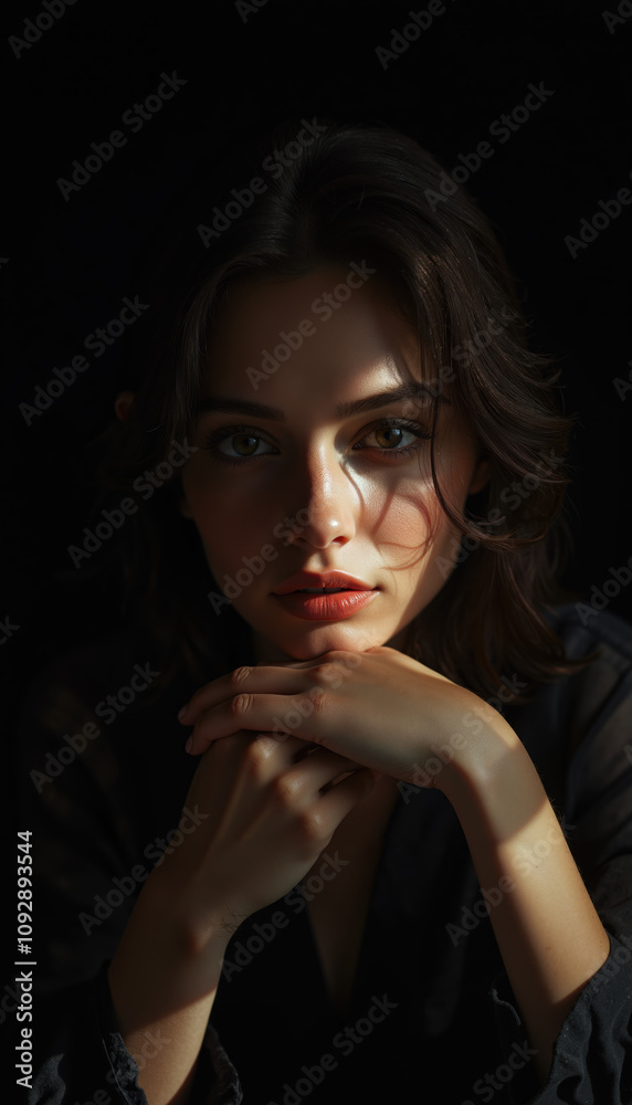 Artistic Close-Up Portrait of a Woman with Hands Framing Her Face, Highlighting Soft Light, Emotional Expression, and Detailed Facial Features in a Dark Background