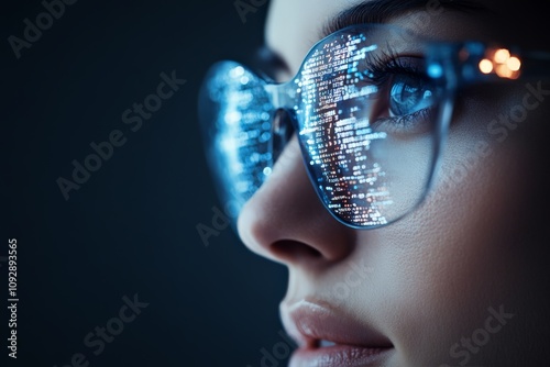 A close-up view of a woman wearing glasses reflecting digital data and code, symbolizing technology, innovation, and data-driven environments in a modern era. photo