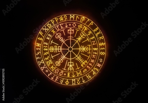 Mysterious glowing orange vegvisir surrounded by runes on a dark background, evoking ancient norse mythology