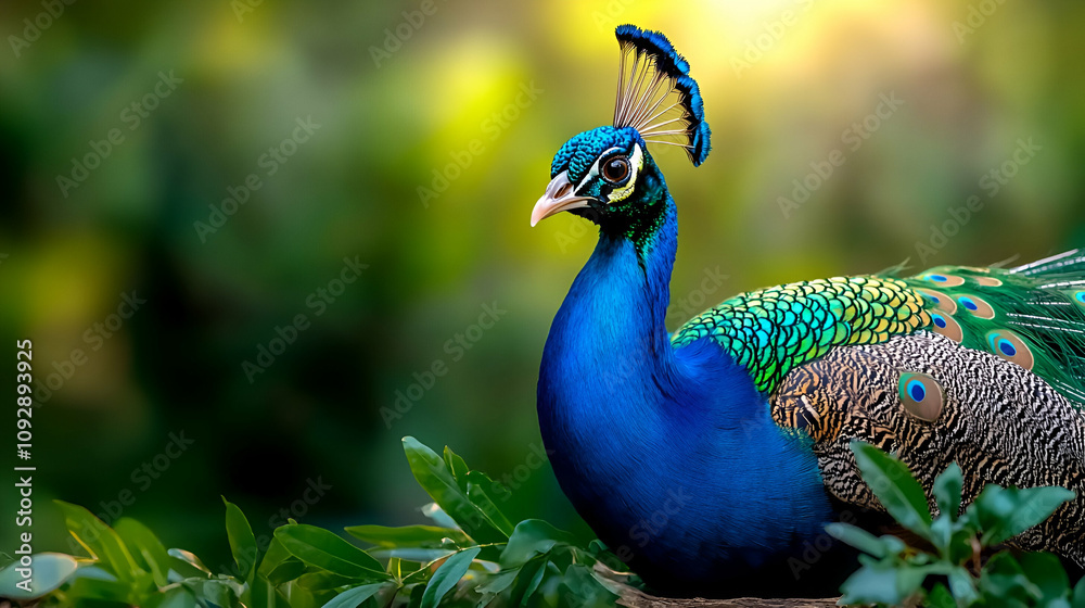 A blue peacock is standing on a green leafy branch. The bird has a blue head and a blue tail A blue peacock is standing on a green leafy branch. The bird has a blue head and a blue tail