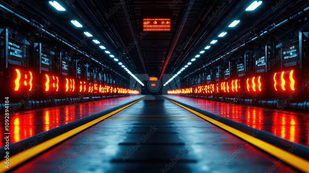 Fire Alarm System Response Concept. A futuristic corridor illuminated by vibrant red lights, featuring sleek lines and a polished surface, creating a high-tech atmosphere. Fire Alarm System Response Concept. A futuristic corridor illuminated by vibrant red lights, featuring sleek lines and a polished surface, creating a high-tech atmosphere.