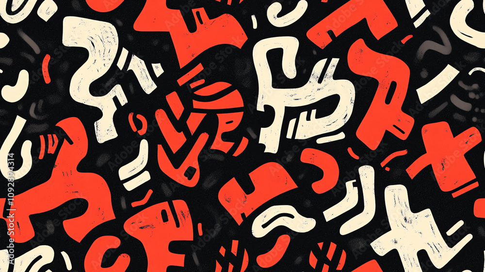 Urban figures seamless pattern in coral and black Urban figures seamless pattern in coral and black