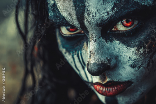 Close-up of a person with intricate, dramatic face paint in black, white, and red hues, conveying an intense and mysterious mood with striking red eyes.