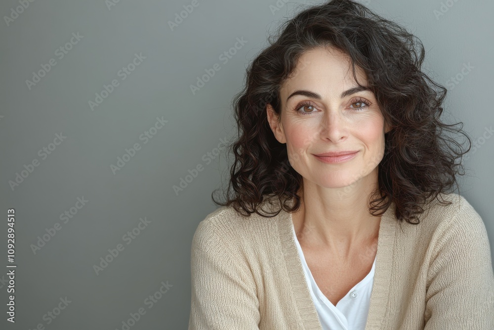 Portrait of a confident woman with curly hair and a warm expression against a neutral background
Portrait of a confident woman with curly hair and a warm expression against a neutral background