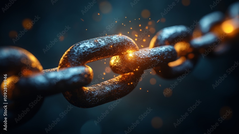 Glowing Chain Link with Sparks in Dark Background Glowing Chain Link with Sparks in Dark Background
