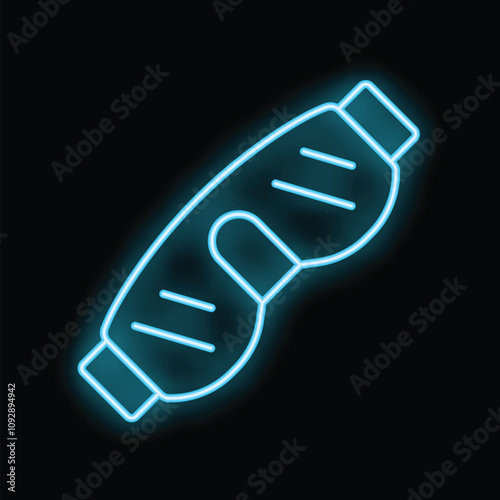 Glowing neon blue icon of a sleeping eye mask on a black background