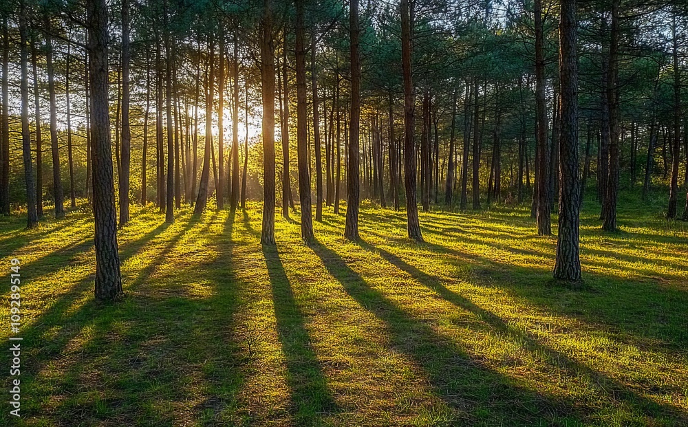 Fototapeta premium Dense Pine Forest at Sunrise with Sunlight Filtering Through Trees. AI generated illustration