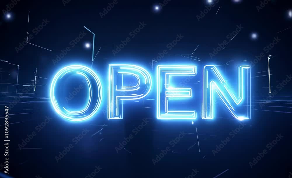 Glowing Blue Neon Sign Technology Bright OPEN Light Against Dark Background, Creating Vibrant and Inviting Digital Atmosphere. Glowing Blue Neon Sign Technology Bright OPEN Light Against Dark Background, Creating Vibrant and Inviting Digital Atmosphere.