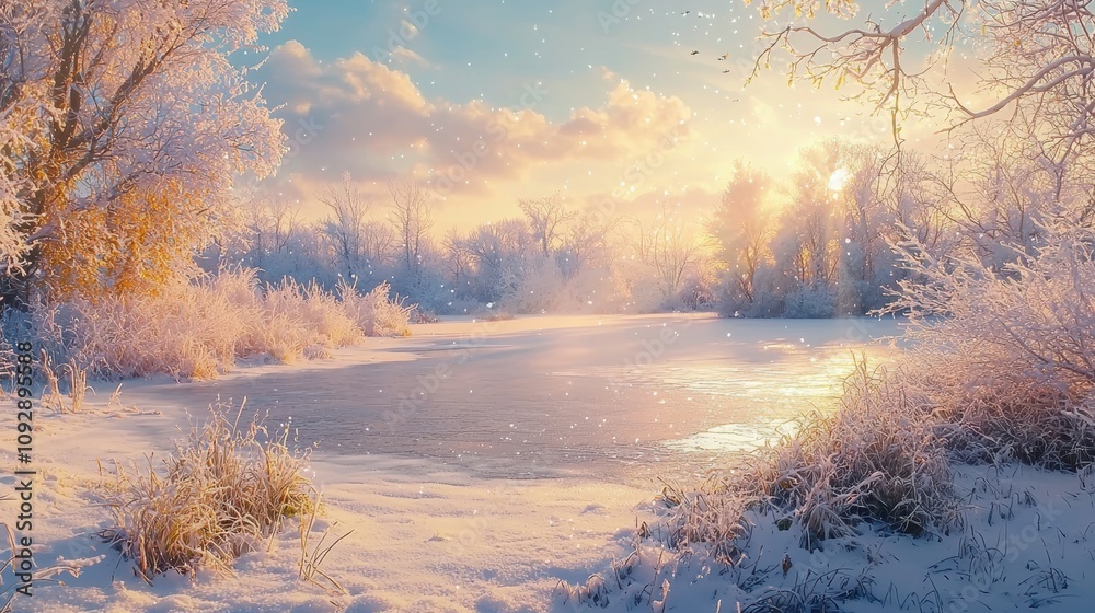 Winter wonderland sunrise over frozen lake nature photography tranquil scene beautiful winter landscape serene environment Winter wonderland sunrise over frozen lake nature photography tranquil scene beautiful winter landscape serene environment