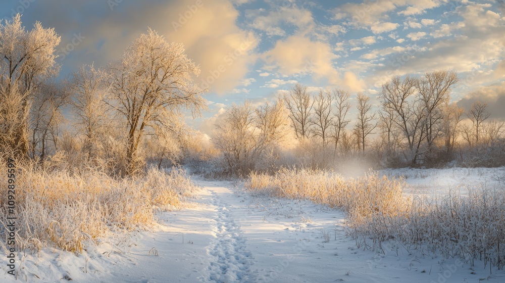Winter wonderland snow-covered pathway through frosted trees nature landscape serene environment scenic viewpoint Winter wonderland snow-covered pathway through frosted trees nature landscape serene environment scenic viewpoint