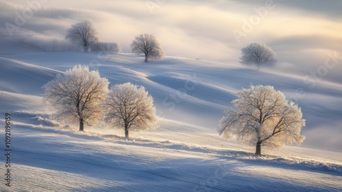 Winter landscape scene featuring frost-covered trees snowy hills natural beauty serene environment wide-angle view tranquility