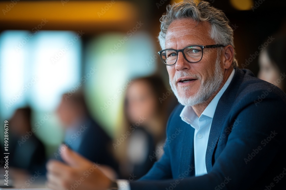 A professional, gray-haired man wearing glasses is actively engaged in conversation during a business meeting in a modern, well-lit office environment. A professional, gray-haired man wearing glasses is actively engaged in conversation during a business meeting in a modern, well-lit office environment.