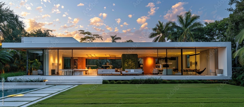 Modern House with Large Glass Windows at Dusk Modern House with Large Glass Windows at Dusk