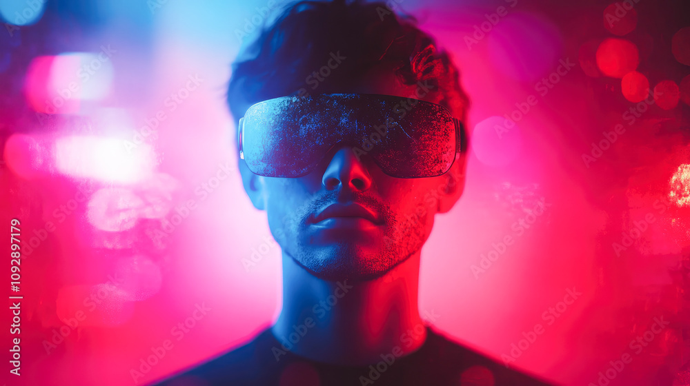A striking image of a person sports a contemporary VR device, accented by a dynamic neon glow in a dark ambiance. A striking image of a person sports a contemporary VR device, accented by a dynamic neon glow in a dark ambiance.
