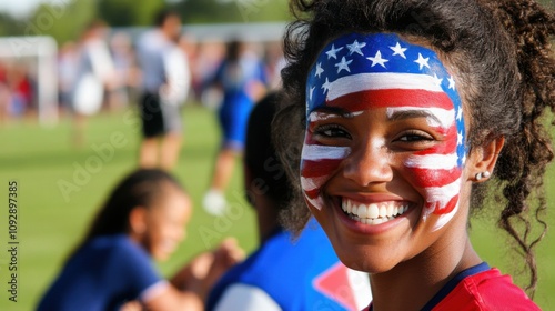 A close-up of a person's face painted with the colors of the Liberian flag, representing patriotism or sports fandom. photo