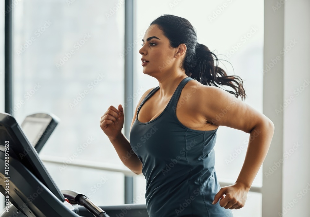 Plus-size woman improving her fitness by running on a treadmill in a modern gym Plus-size woman improving her fitness by running on a treadmill in a modern gym