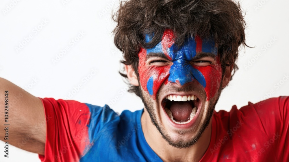 A close-up shot of a person's face with France flag face paint, signifying patriotic spirit or sports fandom. A close-up shot of a person's face with France flag face paint, signifying patriotic spirit or sports fandom.