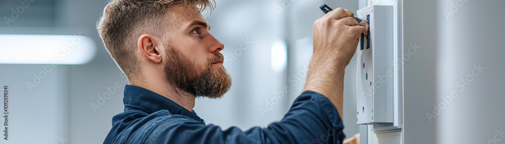 Fire Alarm System Response Concept. A focused man with a beard writes on a wall-mounted device, showcasing his professional expertise in a modern workspace. Fire Alarm System Response Concept. A focused man with a beard writes on a wall-mounted device, showcasing his professional expertise in a modern workspace.