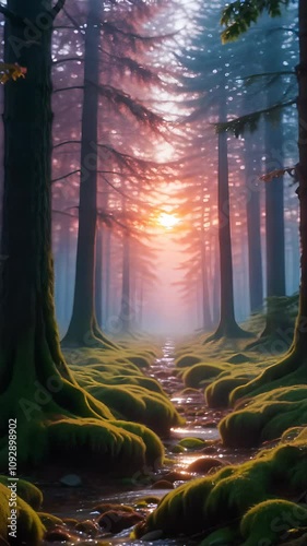 Magical Forest with Moss-Covered Trees, Sunlight Streaming Through Mist, and Sparkling Creek - Seamless Loop Video

