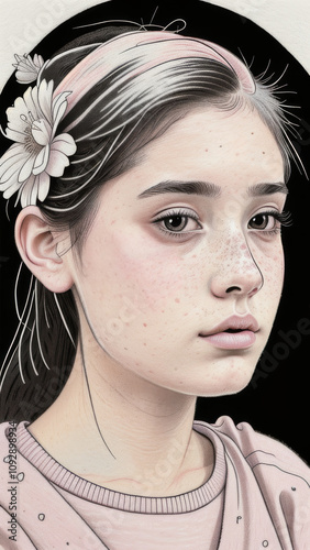 Elegant Portrait of a Woman with Freckles and Floral Hairpiece for Editorial and Artistic Use
