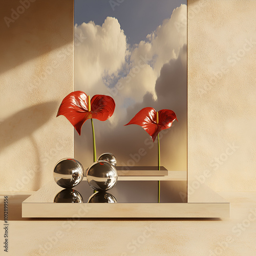 rectangular table, red anthurium, planets, silver balls, little prince, jacquemus style, minimalism, lightness, in the center, peacefull, day, cloudy, midcentury, golden hour, ultra realistic