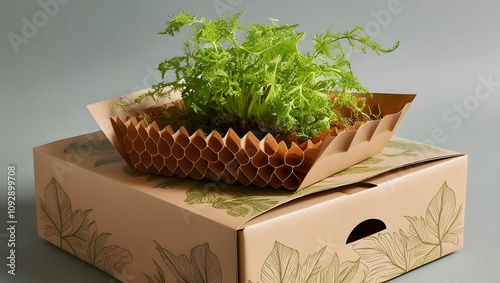 Green plant on ecofriendly biodegradable honeycomb shape brown paper packaging materials for reducing environmental impact ready for parcel in a cartoon box.  photo