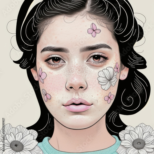 Artistic Portrait of a Woman with Floral and Butterfly Accents for Editorial and Creative Design Use