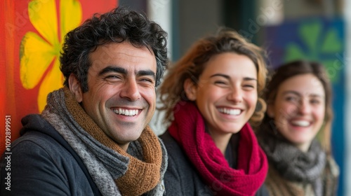 Three friends share cheerful smiles while sitting together outdoors, surrounded by colorful backgrounds, capturing the joy of friendship on a sunny day