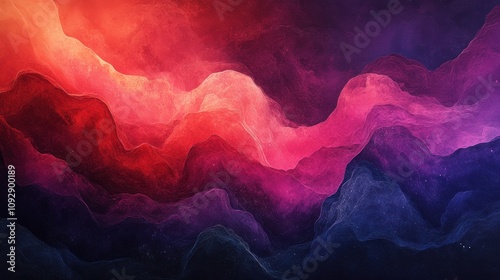 Fiery red and purple mountain layers with smoky texture in surreal landscape with copy space