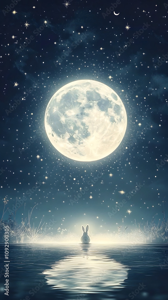 A hand-drawn vector illustration featuring a full moon, twinkling stars, and a tiny white rabbit. The close-up shot resembles a Kodak Ektar photograph, ultra-realistic and 4K A hand-drawn vector illustration featuring a full moon, twinkling stars, and a tiny white rabbit. The close-up shot resembles a Kodak Ektar photograph, ultra-realistic and 4K