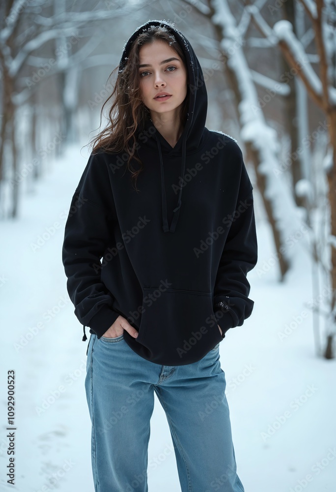 female young woman, black hoodie mockup, winter fashion, snowy outdoor, front view female young woman, black hoodie mockup, winter fashion, snowy outdoor, front view