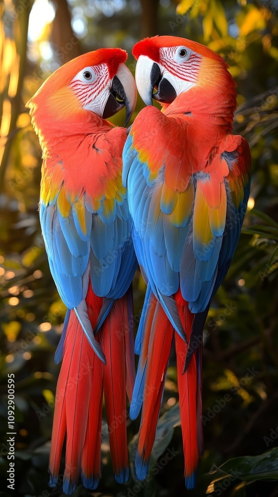 Obraz premium A pair of colorful macaws playfully interacting in a lush tropical setting, showcasing vibrant feathers and personalities.