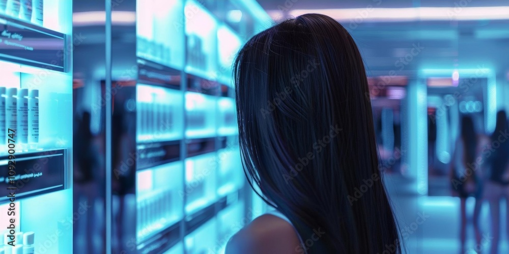 A person gazes at illuminated shelves filled with products in a modern, sleek environment. A person gazes at illuminated shelves filled with products in a modern, sleek environment.