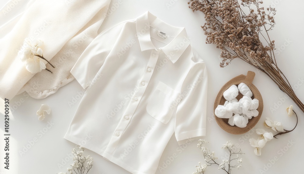 Minimalist White Silk Shirt with Cotton and Dried Floral Arrangement Minimalist White Silk Shirt with Cotton and Dried Floral Arrangement