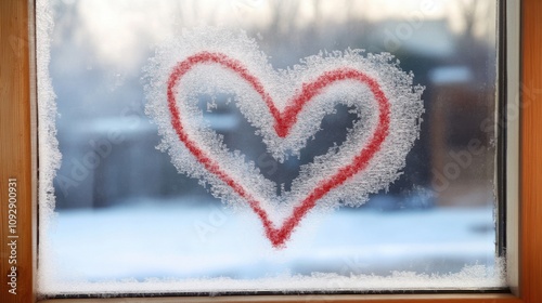 Frosted Window with Heart Shape Drawing in Red, Creating a Romantic and Cozy Atmosphere in a Winter Setting, Perfect for Holiday or Valentine's Day Imagery photo