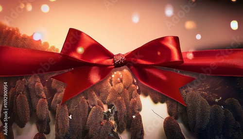 Red ribbon bow flying christmas background,copy text space photo