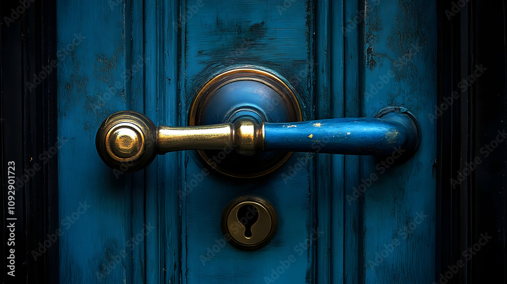 Antique Door Handle: Blue Door, Gold Details, Keyhole