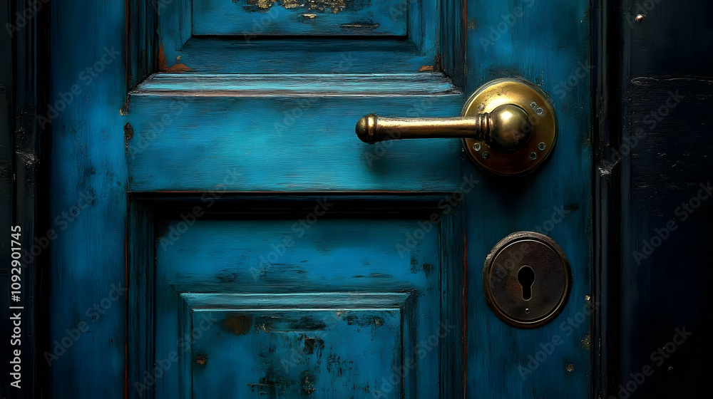 Antique Teal Door: Golden Handle & Keyhole Detail Antique Teal Door: Golden Handle & Keyhole Detail