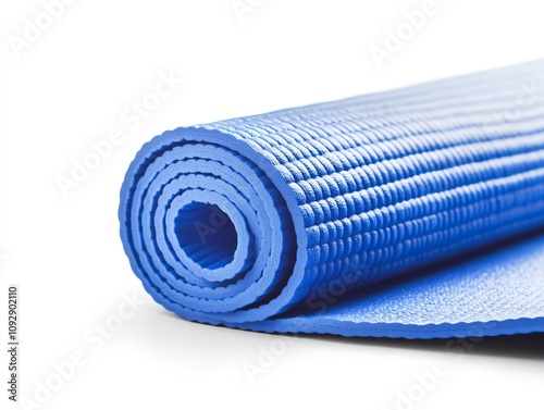 Blue yoga mat rolled up, isolated on a white background.