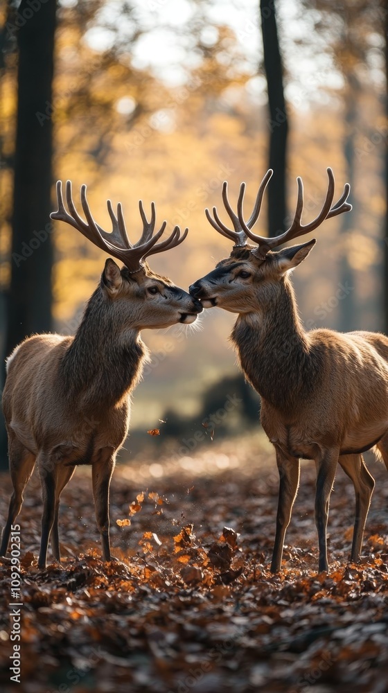 Two male deer with antlers are playfully locking horns in a sunlit forest clearing during autumn.