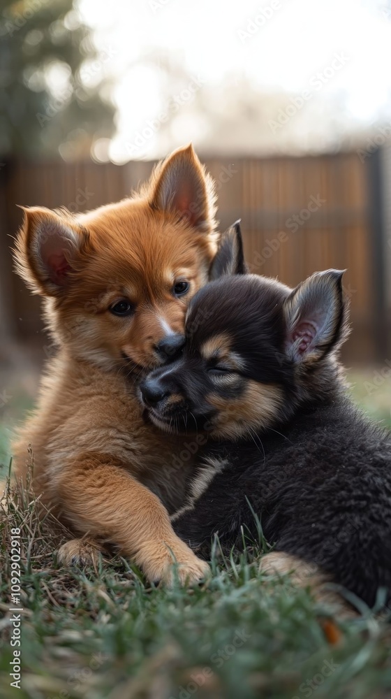 Two playful puppies wrestling in soft grass, enjoying their time together under warm sunlight. Two playful puppies wrestling in soft grass, enjoying their time together under warm sunlight.
