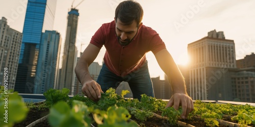 A dedicated individual nurtures fresh greens in an urban rooftop garden, showcasing sustainable living and the beauty of nature within a city landscape.
