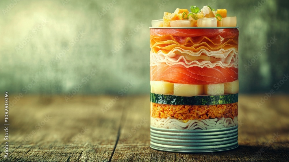 Fototapeta premium Creative Culinary Art: Layered Ingredients in a Transparent Can Highlighting Colorful Presentation and Unique Food Styling for Modern Cuisine